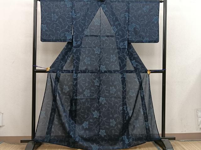 平和屋着物＊夏物　小紋　唐草文　紗　洗える着物　BAAX8055mz
