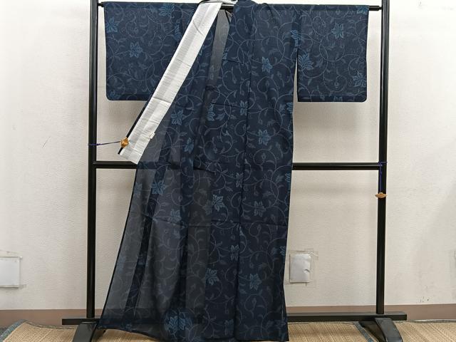 平和屋着物＊夏物　小紋　唐草文　紗　洗える着物　BAAX8055mz