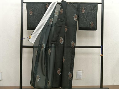 平和屋着物＊夏物　小紋　紗　陶器花鳥文　黒地　洗える着物　BAAX8056mz