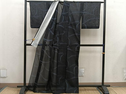 平和屋着物＊夏物　小紋　紗　草葉文　黒地　正絹　逸品　BAAX8061mz