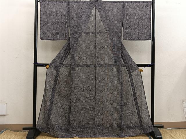 平和屋着物＊夏物　小紋　紗　幾何学文様　洗える着物　BAAX8079mz