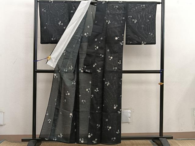 平和屋着物＊夏物　小紋　絽　秋草文　黒地　洗える着物　BAAX8084mz