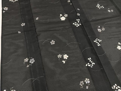 平和屋着物＊夏物　小紋　絽　秋草文　黒地　洗える着物　BAAX8084mz