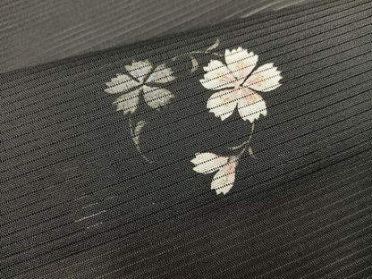平和屋着物＊夏物　小紋　絽　秋草文　黒地　洗える着物　BAAX8084mz