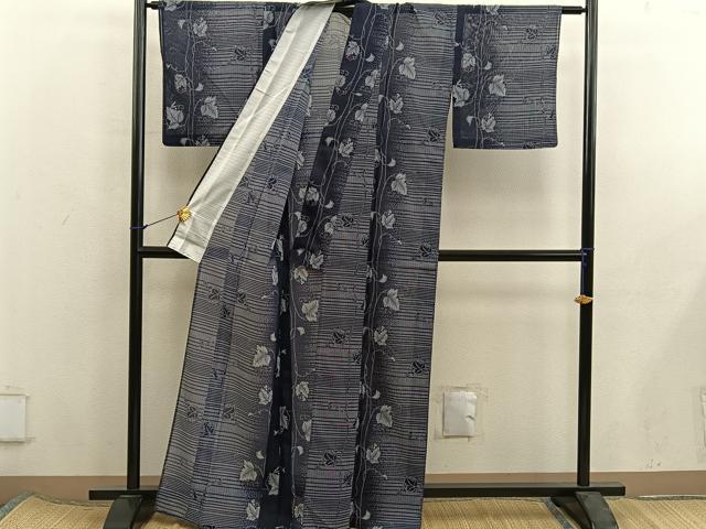 平和屋着物＊夏物　小紋　紗　葡萄蔦の葉文　洗える着物　BAAX8087mz