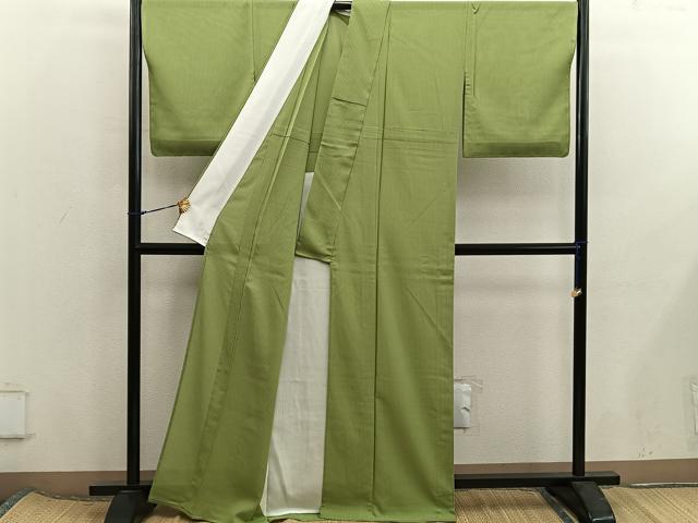 平和屋着物＊夏物　色無地　縦絽　青朽葉色　正絹　逸品　BAAX8095mz