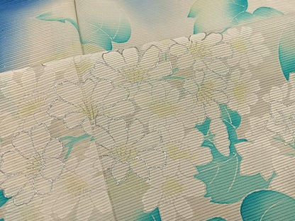 平和屋着物＊夏物　訪問着　絽　草花文　暈し染め　銀彩　正絹　逸品　BAAX8155mz
