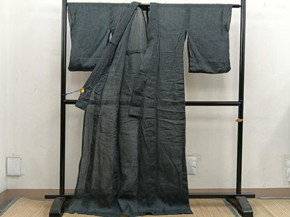 平和屋着物＊夏物　本場小千谷紬　縞　麻　逸品　BAAX8156mz