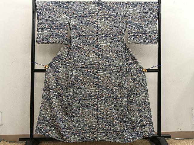 平和屋着物＊夏物　小紋　絽　風景花文　正絹　逸品　BAAX8169mz