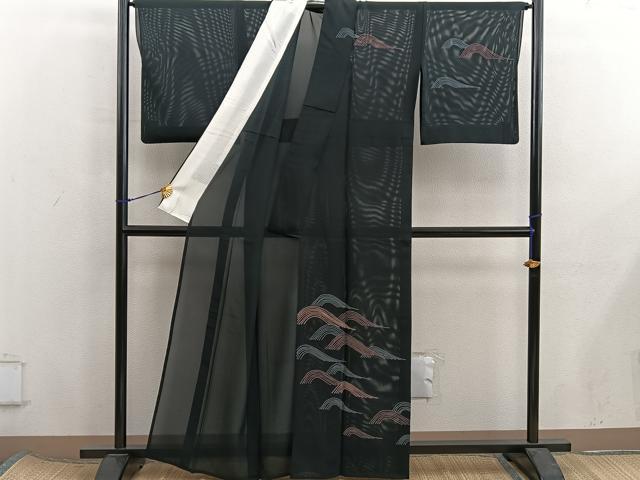 平和屋着物＊夏物　訪問着　絽　流水文　黒地　正絹　逸品　BAAX8176mz