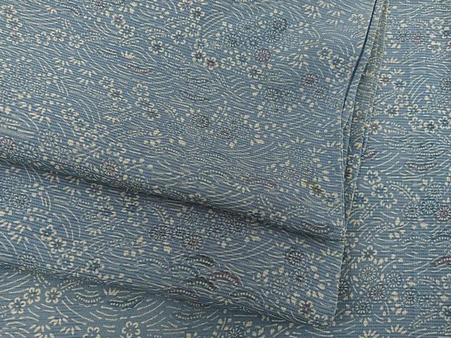 平和屋着物＊夏物　小紋　絽　藍　型染め　草花文　正絹　逸品　BAAX8183mz