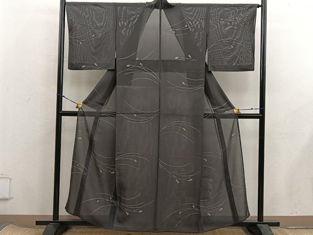 平和屋着物＊夏物　小紋　絽　草葉文　黒地　正絹　逸品　BAAX8191mz
