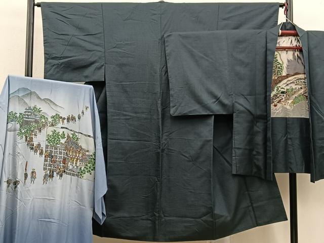 平和屋着物■男性　紬　アンサンブル　襦袢セット　100亀甲　総詰め　正絹　逸品　BAAX8195mz
