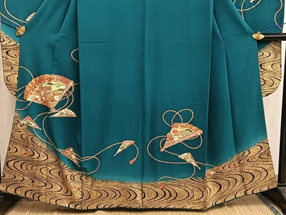 平和屋着物■豪華振袖　駒刺繍　檜扇御所車花文　金彩　正絹　逸品　BAAX8209mz