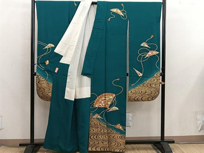 平和屋着物■豪華振袖　駒刺繍　檜扇御所車花文　金彩　正絹　逸品　BAAX8209mz