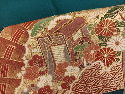 平和屋着物■豪華振袖　駒刺繍　檜扇御所車花文　金彩　正絹　逸品　BAAX8209mz