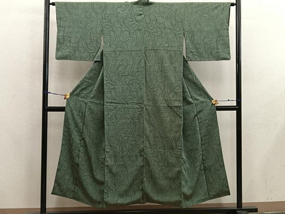 平和屋着物■上質な色無地　唐草地紋　麹塵色　正絹　逸品　BAAX8215mz