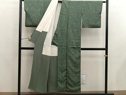平和屋着物■上質な色無地　唐草地紋　麹塵色　正絹　逸品　BAAX8215mz