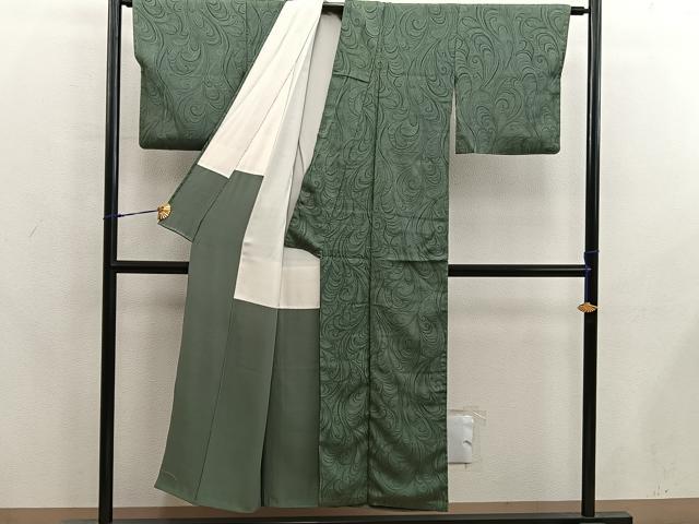 平和屋着物■上質な色無地　唐草地紋　麹塵色　正絹　逸品　BAAX8215mz
