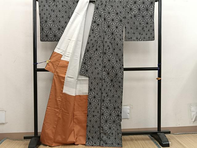 平和屋着物■上質な紬　麻の葉文様　正絹　逸品　BAAX8223mz
