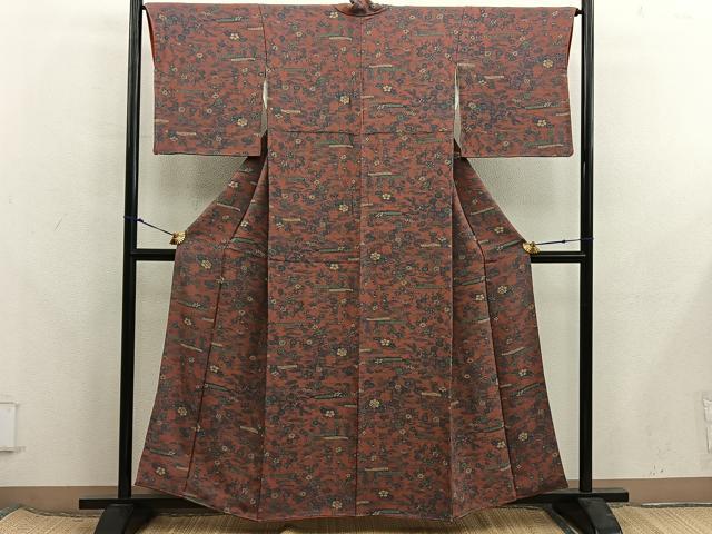 平和屋着物■上質な小紋　菊花文　鬼しぼ縮緬　正絹　逸品　BAAX8225mz