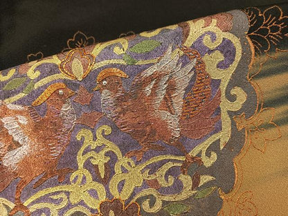 平和屋着物■豪華黒留袖　駒刺繍　向かい鳥花文　暈し染め　金彩　正絹　逸品　BAAX8246mz