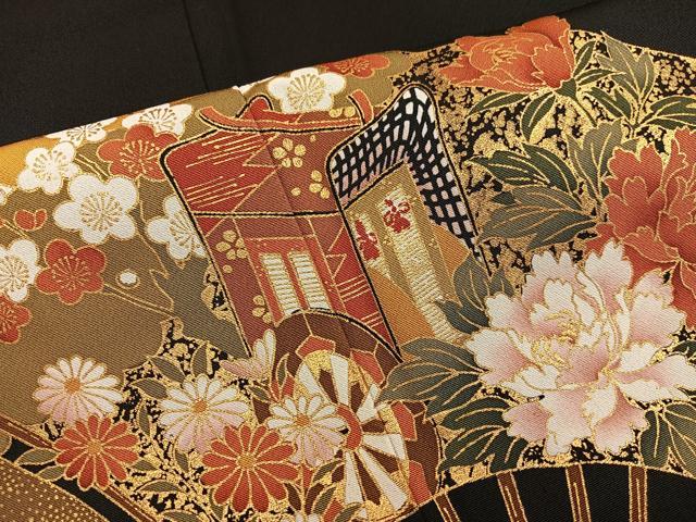 平和屋着物■豪華黒留袖　扇面御所車花文　金彩　正絹　逸品　未使用　BAAX8256mz