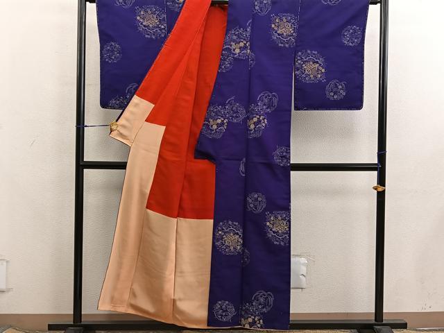 平和屋着物■アンティーク　大正ロマン　小紋　寿光織　御所車花文　金糸　正絹　逸品　BAAX8262mz