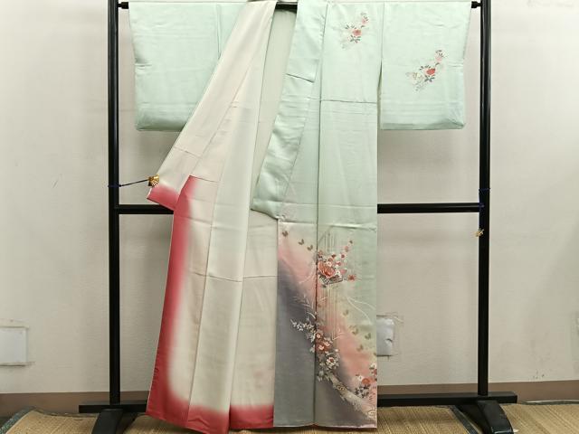 平和屋着物■訪問着　檜扇牡丹花文　暈し染め　金彩　正絹　逸品　BAAX8263mz
