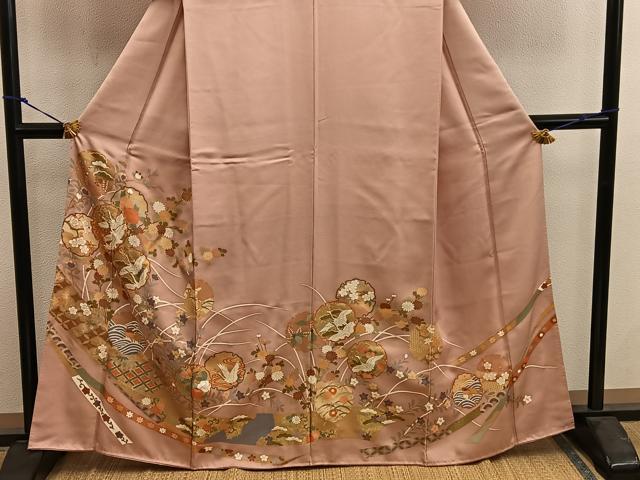 平和屋着物■訪問着　駒刺繍　雪輪飛鶴花文　金彩　正絹　逸品　BAAX8311mz