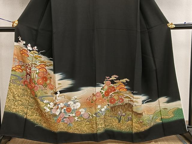 平和屋着物■豪華黒留袖　駒刺繍　御所車花文　暈し染め　金彩　正絹　逸品　BAAX8312mz