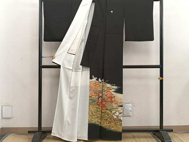 平和屋着物■豪華黒留袖　駒刺繍　御所車花文　暈し染め　金彩　正絹　逸品　BAAX8312mz