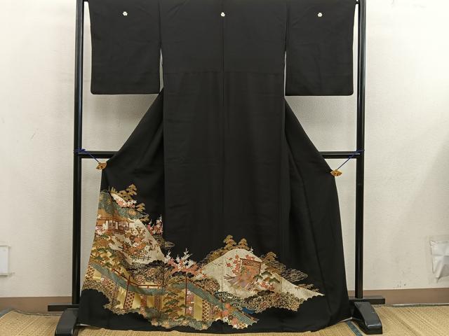 平和屋着物■豪華黒留袖　駒刺繍　風景花文　金彩　正絹　逸品　BAAX8315mz
