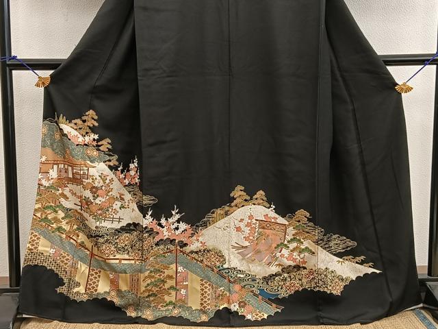 平和屋着物■豪華黒留袖　駒刺繍　風景花文　金彩　正絹　逸品　BAAX8315mz