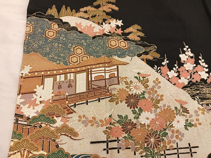 平和屋着物■豪華黒留袖　駒刺繍　風景花文　金彩　正絹　逸品　BAAX8315mz
