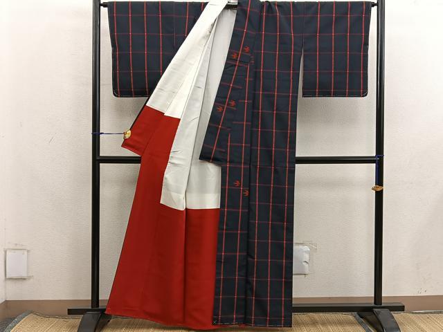 平和屋着物■上質な紬　格子柄　正絹　逸品　未使用　BAAX8323mz