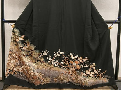 平和屋着物■豪華黒留袖　駒刺繍　飛鶴花文　暈し染め　金彩　正絹　逸品　BAAX8355mz