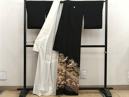 平和屋着物■豪華黒留袖　駒刺繍　飛鶴花文　暈し染め　金彩　正絹　逸品　BAAX8355mz