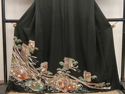 平和屋着物■豪華黒留袖　駒刺繍　御所車人物花文　正絹　逸品　BAAX8364mz