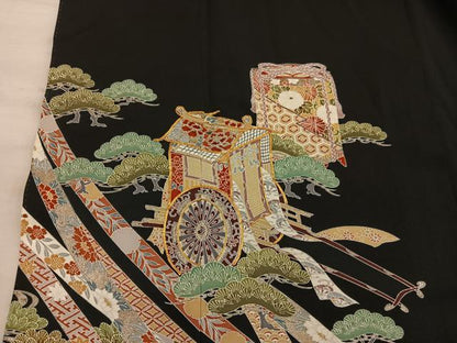 平和屋着物■豪華黒留袖　駒刺繍　御所車人物花文　正絹　逸品　BAAX8364mz