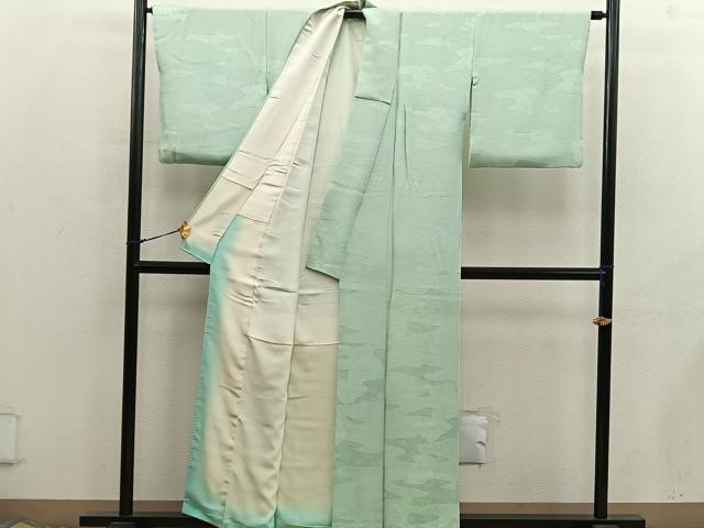 平和屋着物■上質な色無地　菊花地紋　若苗色　正絹　逸品　BAAX8373mz