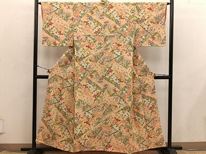 平和屋着物■上質な小紋　菊花文　鬼しぼ縮緬　正絹　逸品　BAAX8384mz