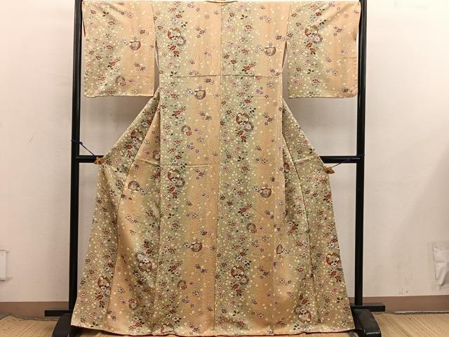 平和屋着物■上質な小紋　扇面椿花文　金彩　正絹　逸品　BAAX8387mz