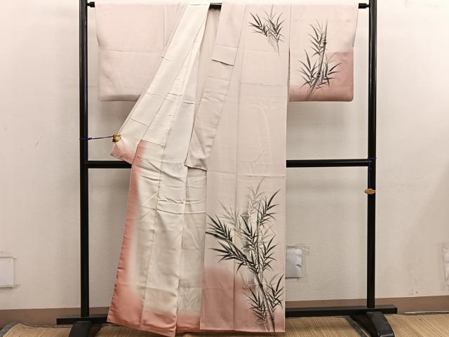 平和屋着物■訪問着　手描き　笹の葉文　暈し染め　正絹　逸品　BAAX8390mz