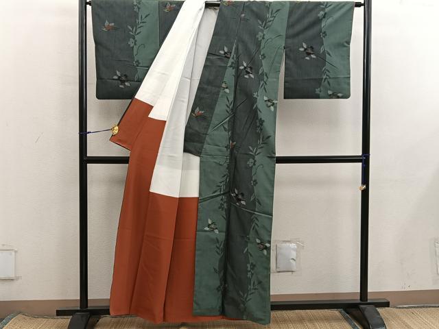 平和屋着物■上質な紬　舞蝶花文　正絹　逸品　BAAX8391mz