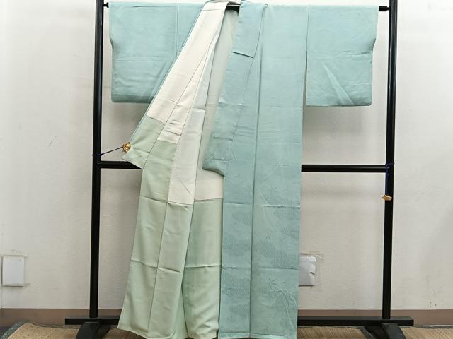 平和屋着物■上質な色無地　菱花地紋　山葵色　正絹　逸品　BAAX8414mz