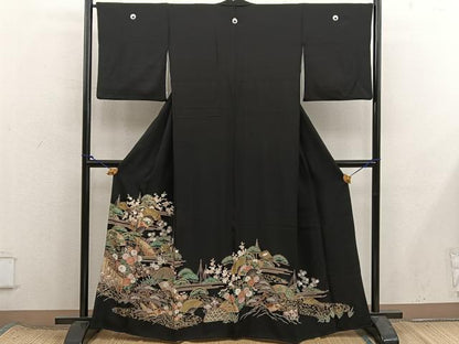 平和屋着物■豪華黒留袖　駒刺繍　扇面花文　正絹　逸品　BAAX8431mz