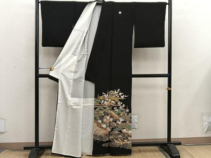 平和屋着物■豪華黒留袖　駒刺繍　扇面花文　正絹　逸品　BAAX8431mz