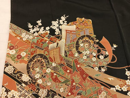 平和屋着物■豪華黒留袖　御所車花文　正絹　逸品　BAAX8434mz
