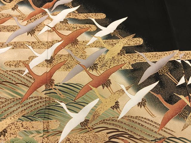平和屋着物■豪華黒留袖　駒刺繍　飛鶴文　暈し染め　金彩　正絹　逸品　BAAX8444mz